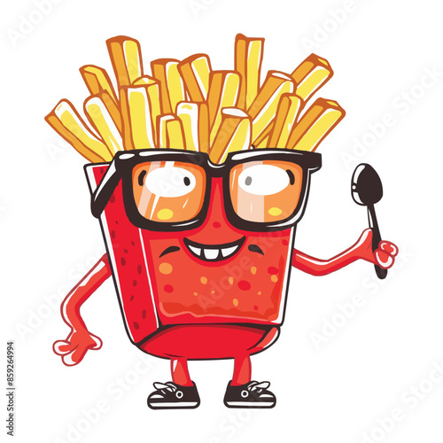 A cool red French fries character with sunglasses holding up a Spoon