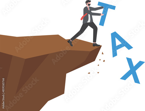 Young businessman is pushing the tax message to fall off the cliff, bill and debt concept

