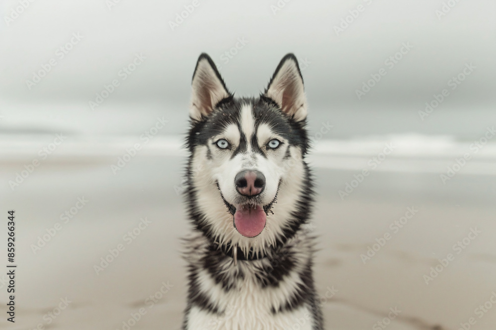 a dog is sitting on the beach looking at the camera a dog is sitting on the beach looking at the camera