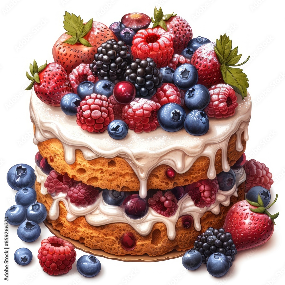 A two-tiered cake topped with fresh berries and creamy frosting A two-tiered cake topped with fresh berries and creamy frosting
