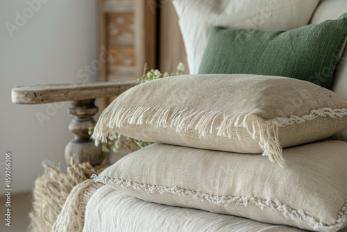 two vintage linen pillows with green accent pillow, provence room decor