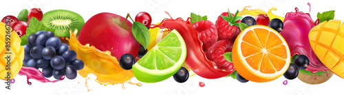 Fruit Seamless Pattern, Sweet tropical fruits and mixed berries in juice splash. Orange, lime, grapes, apple, raspberry, blueberry, cranberry. 3d realistic