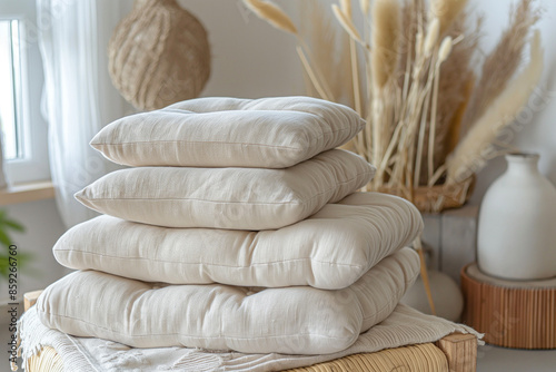 Stacked Cushions on Rustic Decor with Natural Light
