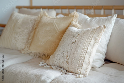 Close-Up of Textured Beige Cushions on Sofa

