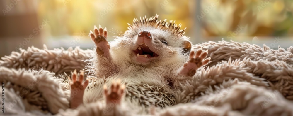 Adorable hedgehog lying on a fluffy blanket with paws raised, sunlight shining through leaves in the background, joyful and cute moment. Adorable hedgehog lying on a fluffy blanket with paws raised, sunlight shining through leaves in the background, joyful and cute moment.
