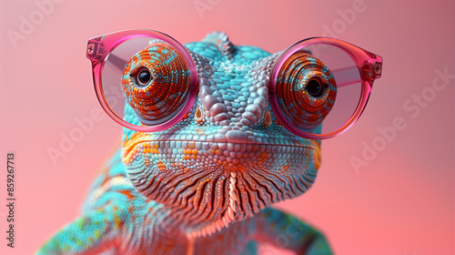 Colorful friendly adorable chameleon lizard, stylish pink and light blue colors with glasses posing on matching background, trendy and vibrant fashion accessory concept for beauty and art enthusiasts