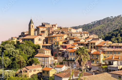 Mediterranean mountain village on the French Riviera in the south of France. Gorbio, commune in the Alpes-Maritimes department, Provence-Alpes-Côte d'Azur, France.