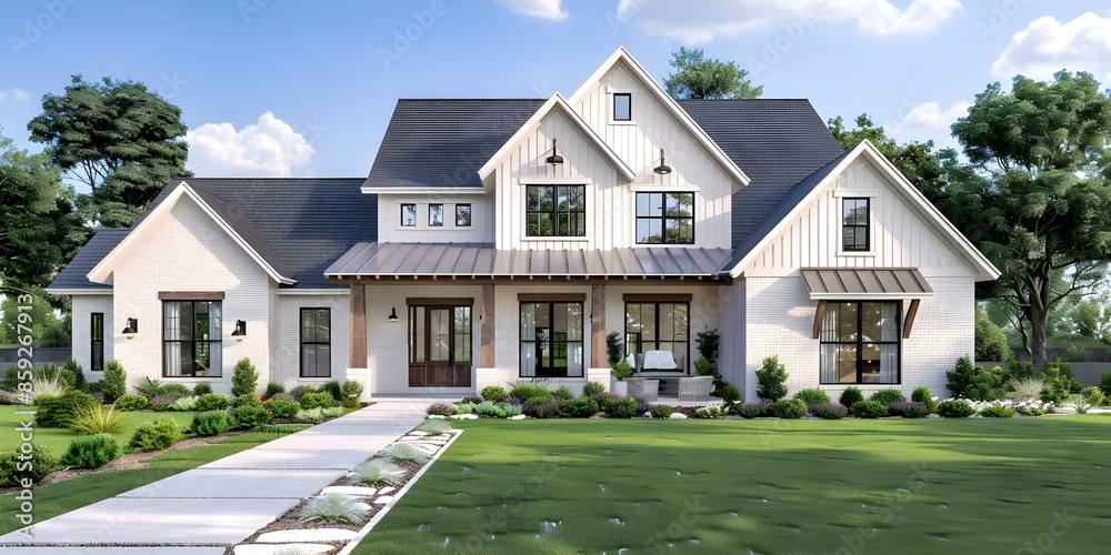 Modern farmhouse style home with gabled roof and board and batten construction. Concept Architecture, Home Design, Farmhouse Style, Gabled Roof, Board and Batten Construction Modern farmhouse style home with gabled roof and board and batten construction. Concept Architecture, Home Design, Farmhouse Style, Gabled Roof, Board and Batten Construction