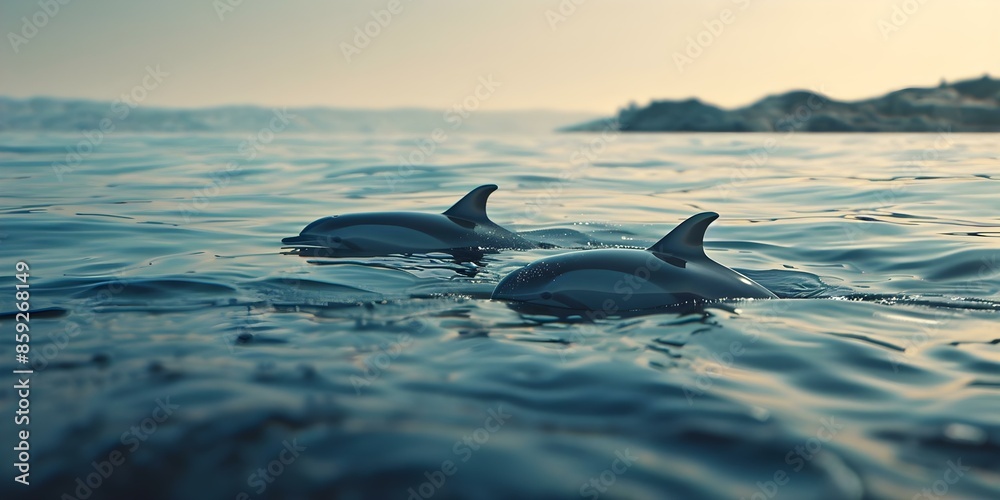 Fototapeta premium Elegant sea dolphins gracefully swim in the ocean. Concept Marine Life, Dolphins, Ocean Beauty, Graceful Creatures, Underwater Photography