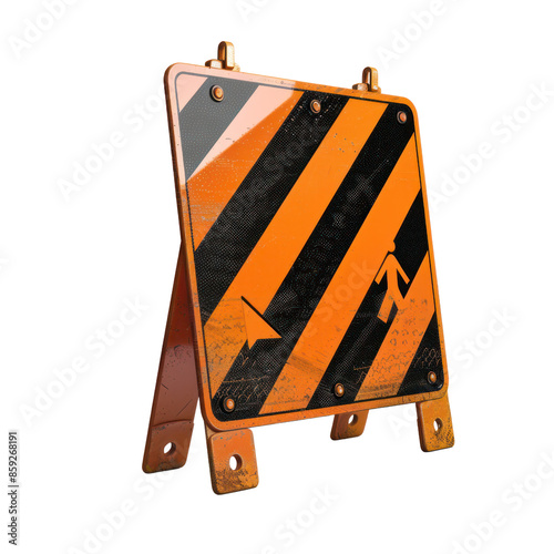 Bright orange and black striped traffic sign indicating a direction for vehicular or pedestrian traffic control.