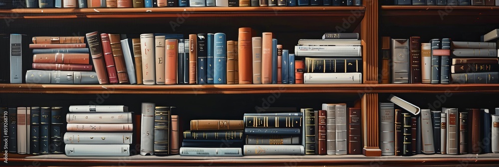 Two wooden bookshelves filled with books, showing the spines of hundreds of books Two wooden bookshelves filled with books, showing the spines of hundreds of books
