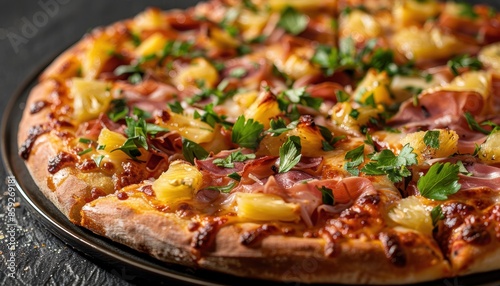 Close-up of a delicious Hawaiian pizza topped with pineapple, ham, cheese, and fresh parsley on a dark background.