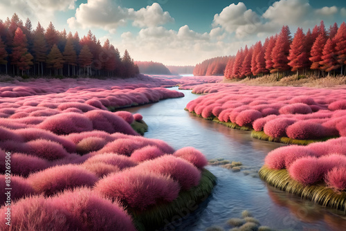 Pink Grass And River In A Forest Landscape On A Sunny Day