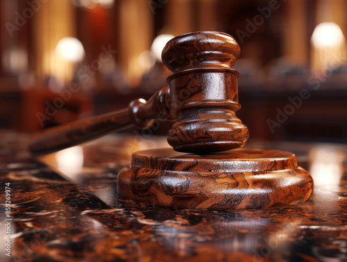 Close up Image of a Wooden Judge's Gavel Resting on a Desk in a Courtroom for Legal and Judicial Representation in Law and Justice Themes