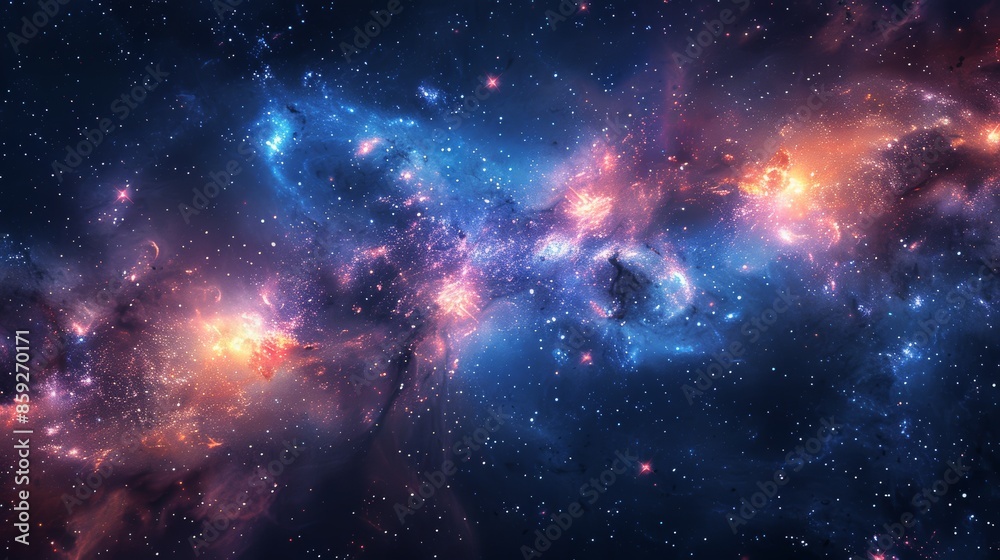 Fototapeta premium Vibrant image of cosmic nebula featuring array of colors like blue, purple, and orange, showcasing beauty and vastness of deep space with countless stars.