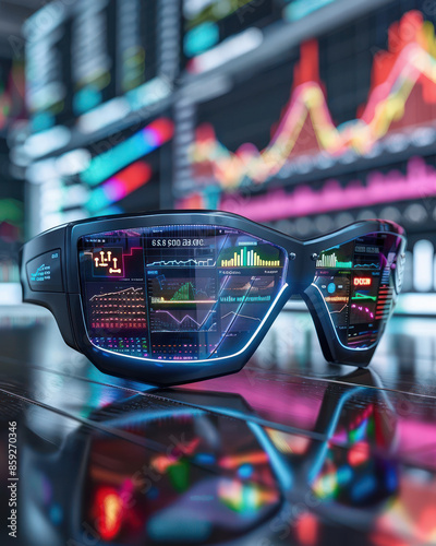 Futuristic Augmented Reality Glasses with Financial Market Data Displays and Graphs on Lens in a High Tech Environment