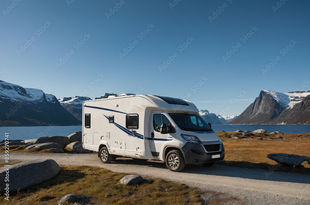 RV in the mountains on a lake. Beautiful road trip with a camping car. Caravan in norway RV in the mountains on a lake. Beautiful road trip with a camping car. Caravan in norway
