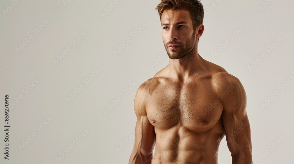 Fit male model in men s underwear on white background with space for text