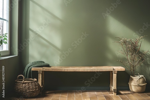 Sunny room with a wooden bench and potted plant near a window. photo