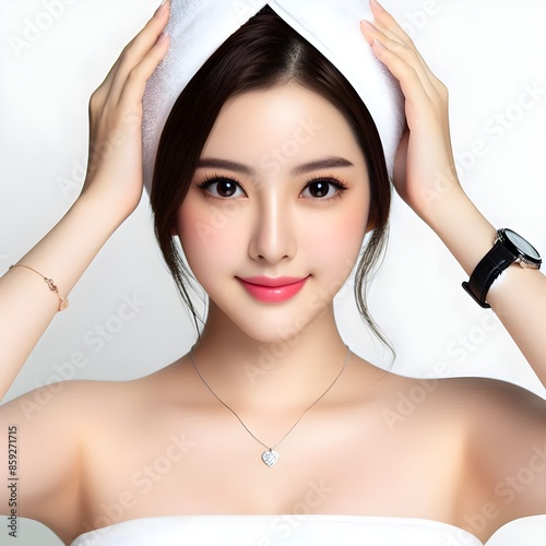 Asian woman Beautiful smart healthy with little smaile with a round face clean and white fresh skin, face care photo