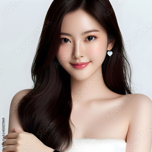 Asian woman Beautiful smart healthy with little smaile with a round face clean and white fresh skin, face care photo