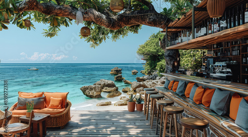 Fototapeta Naklejka Na Ścianę i Meble -  A wooden outdoor tropical coffee shop with a back bar full of wine, overlooking the vast ocean, stools in front of the counter, stone floor, beautiful wooden porch, orange sofa. Generative AI.