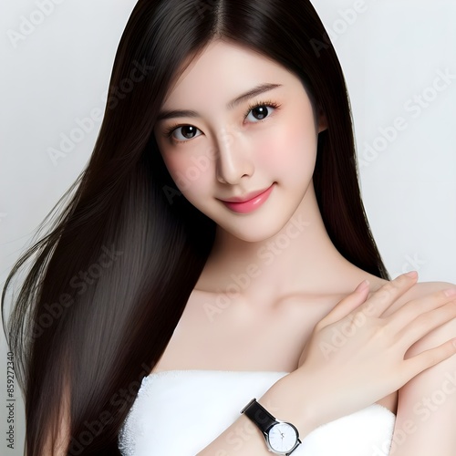 Asian woman Beautiful smart healthy with little smaile with a round face clean and white fresh skin, face care photo