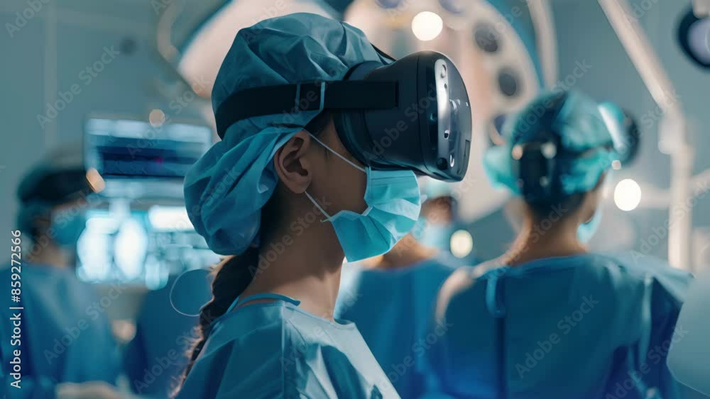 Medical team in surgical attire using virtual reality technology during a procedure in a high-tech operating room. Medical team in surgical attire using virtual reality technology during a procedure in a high-tech operating room.
