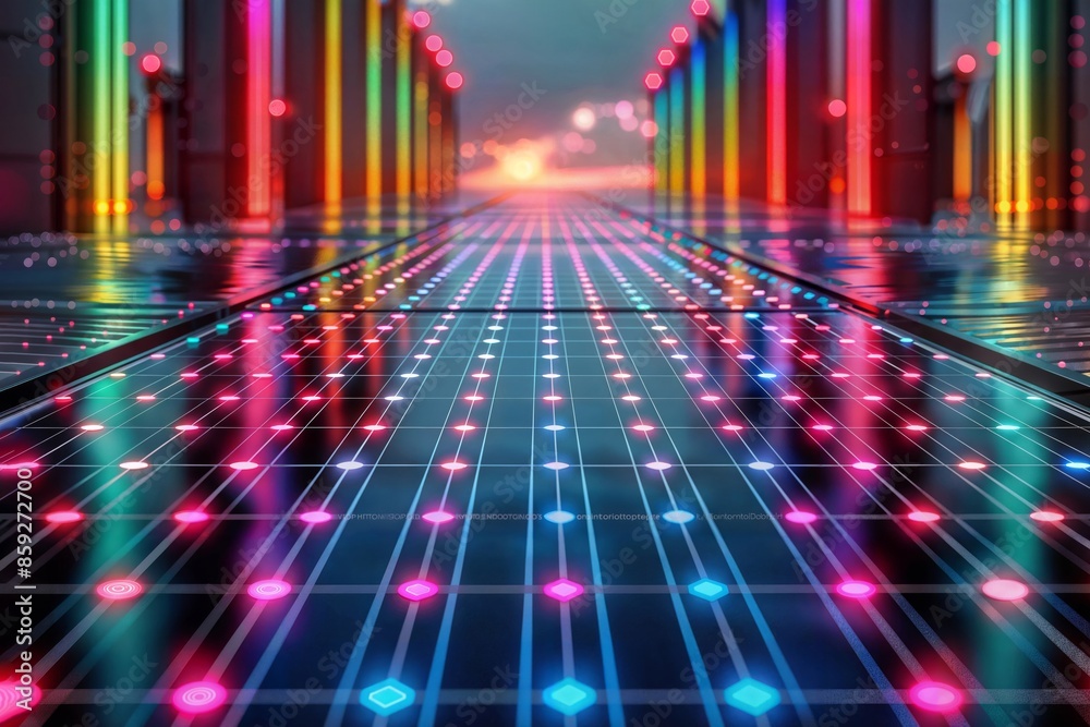Futuristic digital tunnel with neon lights and a solar panel-like floor in abstract art. Futuristic digital tunnel with neon lights and a solar panel-like floor in abstract art.