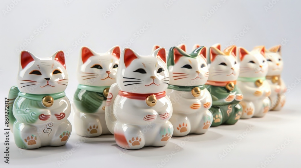 A set of ceramic maneki-neko (beckoning cat) figurines, isolated on a solid white background A set of ceramic maneki-neko (beckoning cat) figurines, isolated on a solid white background