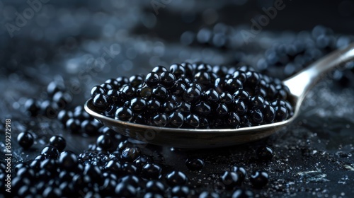 Close-up of luxurious black caviar on a spoon, representing gourmet delicacy and fine dining, perfect for culinary-themed stock photos. photo