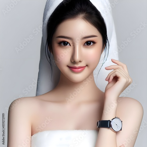 Asian woman Beautiful smart healthy with little smaile with a round face clean and white fresh skin, face care photo