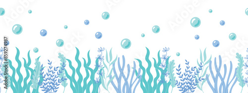 Childrens cute background. Wavy seaweeds and water bubbles. Horizontal undersea landscape. Sea and ocean flora vector illustration
