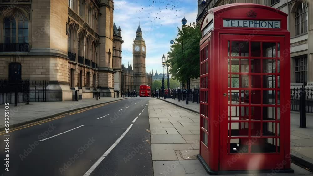 red telephone box with the beauty of big ben behind it, smooth 4K looping virtual video animation background red telephone box with the beauty of big ben behind it, smooth 4K looping virtual video animation background