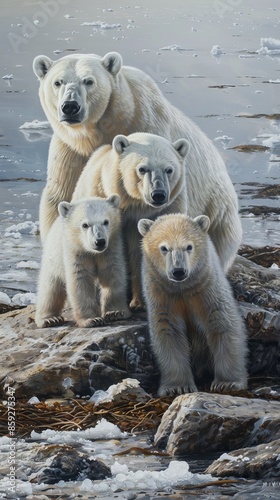 Polar bear family on rocky coast with icy water, wildlife and nature conservation concept