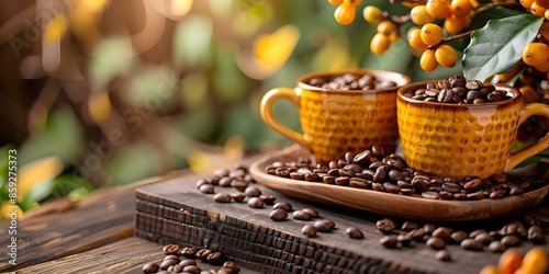 Artfully arranged coffeethemed home decor with cozy cups beans and accessories. Concept Coffee Home Decor, Cozy Atmosphere, Stylish Accessories, Artistic Arrangement, Warm Ambiance photo