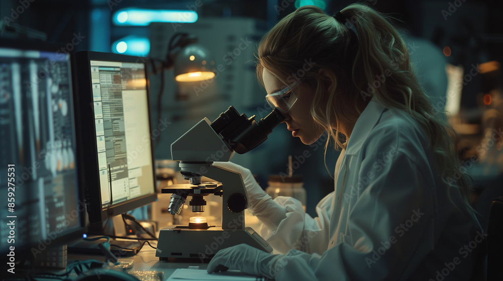 Woman using microscope to view computer screen Woman using microscope to view computer screen