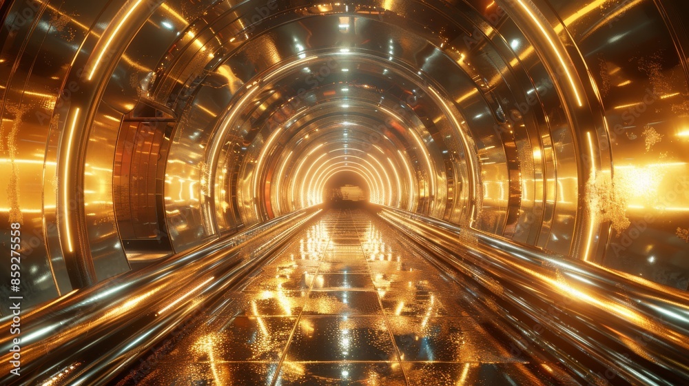Obraz premium Futuristic Golden Tunnel with Glowing Lights