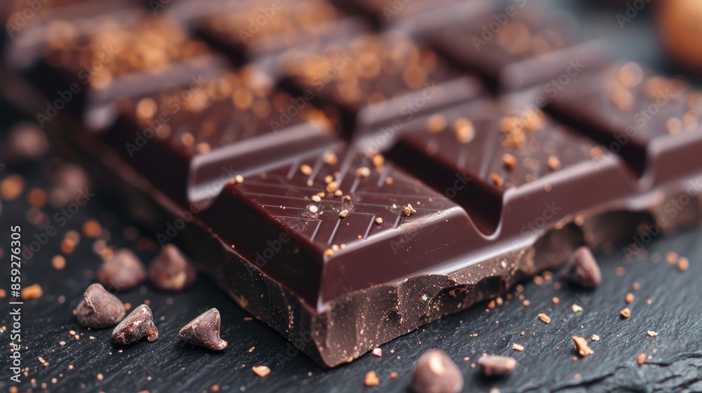 A close-up of a dark chocolate bar, sprinkled with cocoa nibs, on a black background A close-up of a dark chocolate bar, sprinkled with cocoa nibs, on a black background