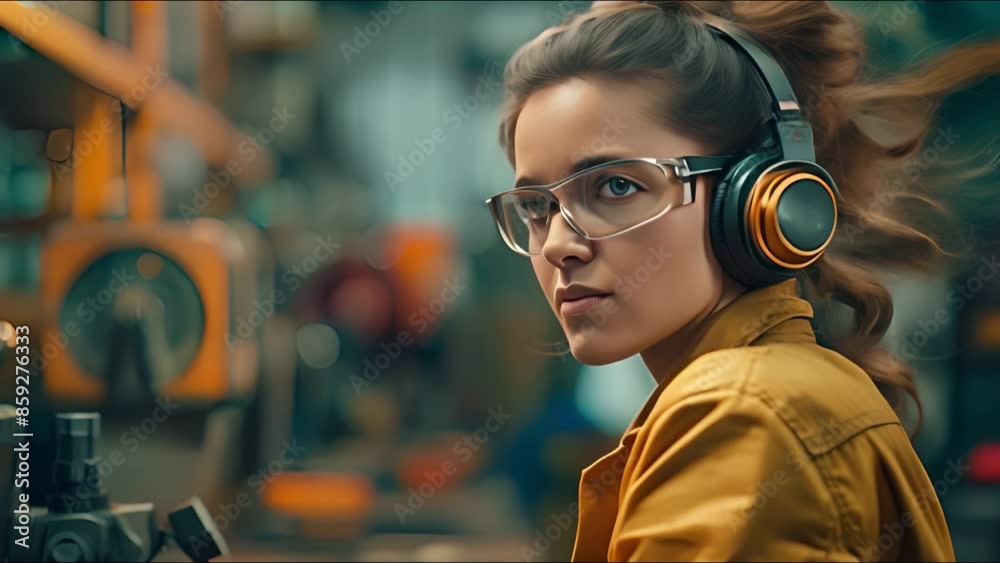 a woman wearing noise-canceling headphones in a workshop a woman wearing noise-canceling headphones in a workshop
