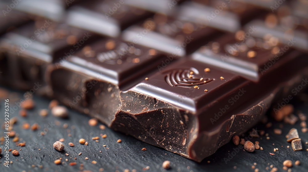 A close-up shot of dark chocolate squares with cocoa nibs A close-up shot of dark chocolate squares with cocoa nibs