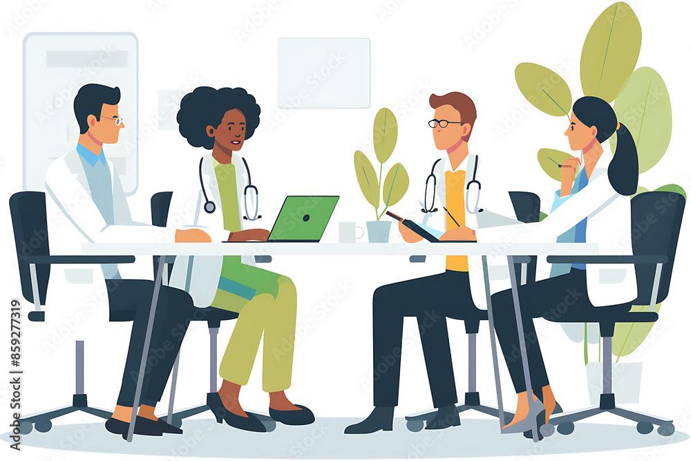 Vector IllustrationDoctors, Nurses, and Teamwork on Tablet for Hospital Management Data Report, Supporting Black Patients, Clinic Results, Research, Healthcare