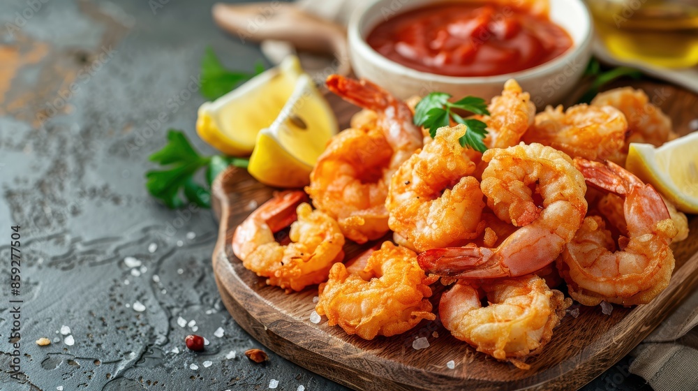 Delicious golden fried shrimp served with fresh lemon wedges and a flavorful dipping sauce on a rustic wooden board. Delicious golden fried shrimp served with fresh lemon wedges and a flavorful dipping sauce on a rustic wooden board.