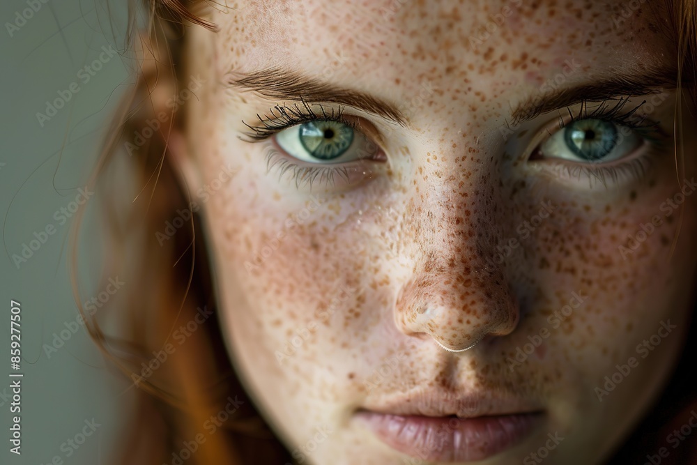 Close-up of a woman's face with striking green eyes and freckled skin. Close-up of a woman's face with striking green eyes and freckled skin.