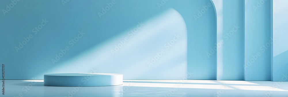 Studio template and white round shape pedestal on light blue background with spotlight product shelf. Blank studio podium for product advertising. 3D rendering Studio template and white round shape pedestal on light blue background with spotlight product shelf. Blank studio podium for product advertising. 3D rendering