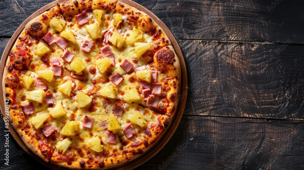 custom made wallpaper toronto digitalDelicious Hawaiian pizza with ham and pineapple on a wooden table background, perfect for restaurant menus and food advertisements.