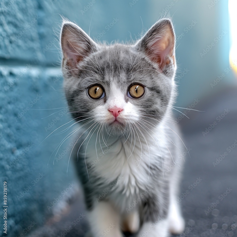 A grey and white kitten with bright eyes stares intently at the camera A grey and white kitten with bright eyes stares intently at the camera