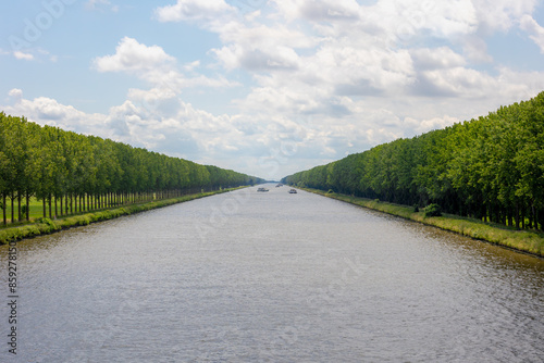 Row of trees on the side of the road along Amsterdam-Rhine canal (Amsterdam-Rijnkanaal) Connect the port and capital city of Amsterdam to the main shipping artery of the Rhine and Utrecht, Netherlands