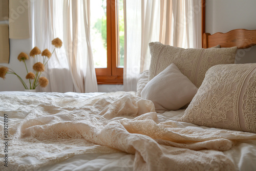 bed with lace bedding and pillows by the window
