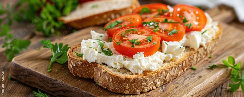 Delicious open-faced sandwich with fresh tomatoes, creamy cheese spread, and herbs on a rustic wooden board. Delicious open-faced sandwich with fresh tomatoes, creamy cheese spread, and herbs on a rustic wooden board.